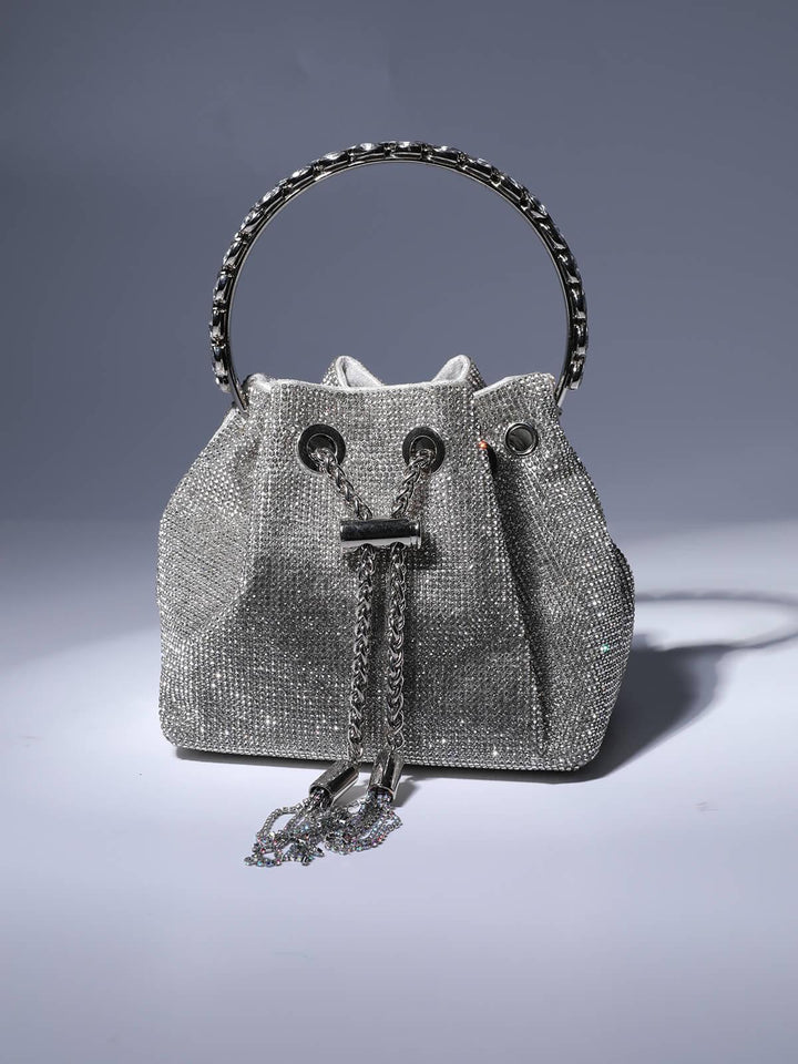 Mattea Crystal Embellished Bucket Bag In Silver - Mew Mews