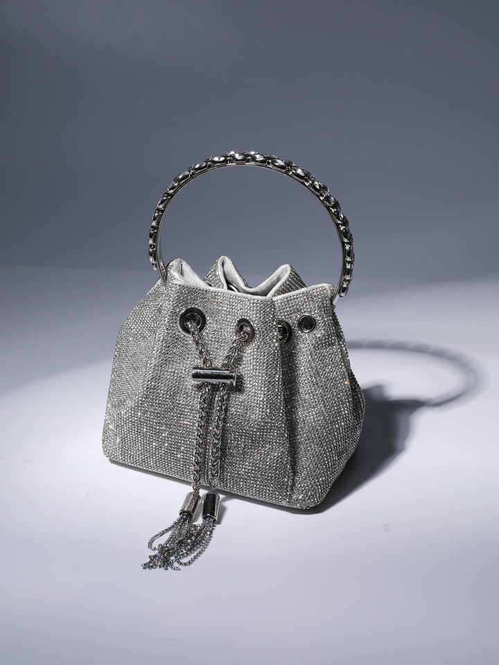 Mattea Crystal Embellished Bucket Bag In Silver - Mew Mews