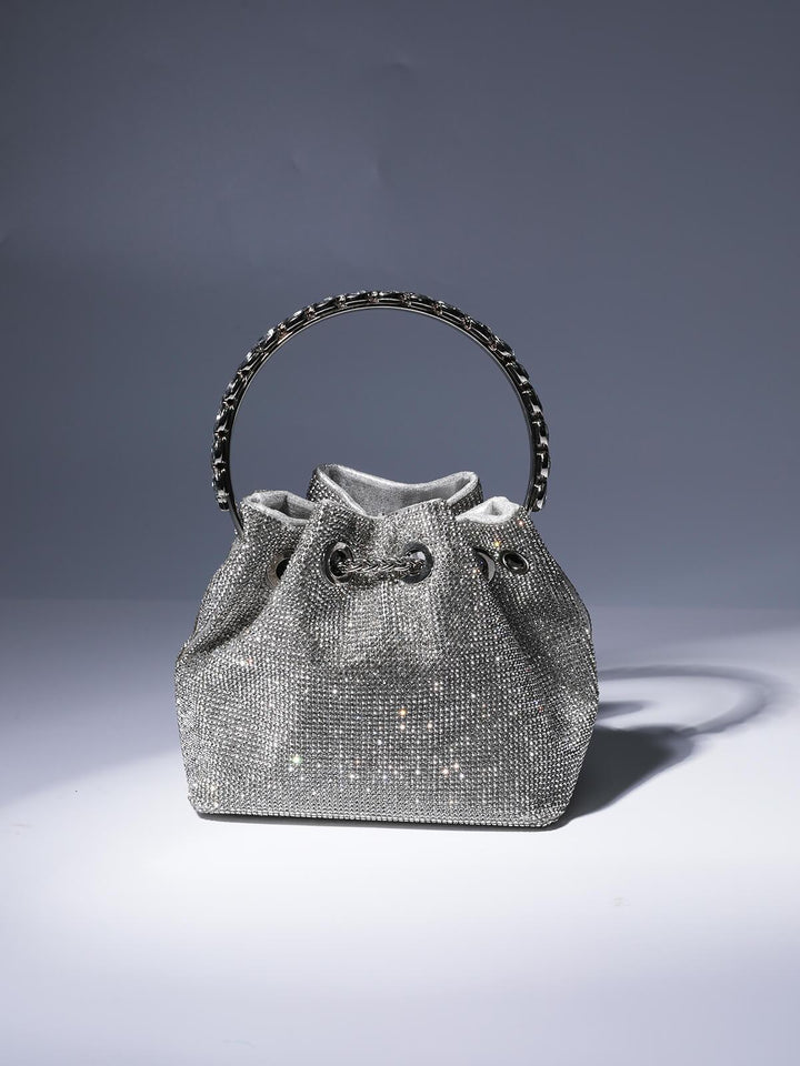 Mattea Crystal Embellished Bucket Bag In Silver - Mew Mews