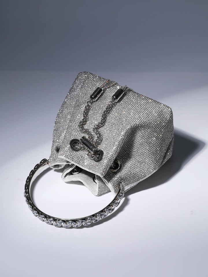 Mattea Crystal Embellished Bucket Bag In Silver - Mew Mews