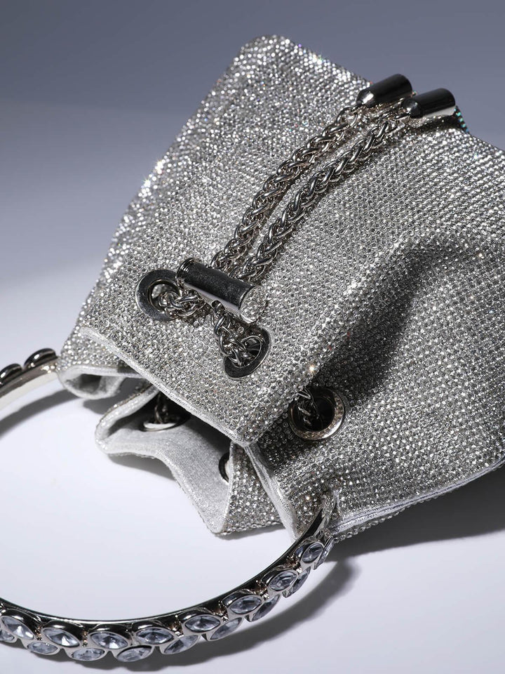 Mattea Crystal Embellished Bucket Bag In Silver - Mew Mews