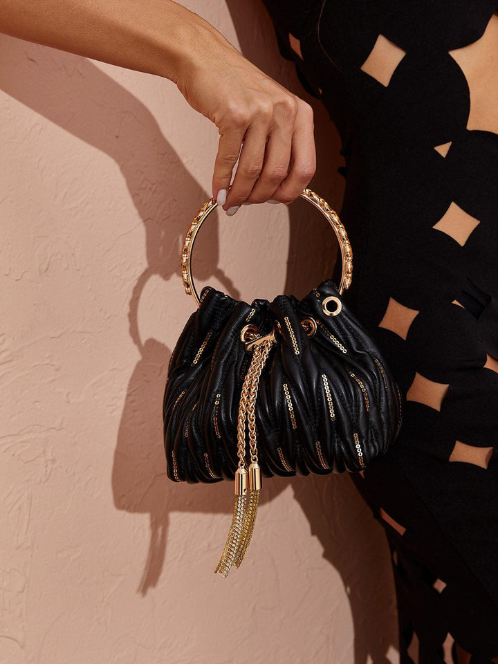 Mattea Leather Sequin Bucket Bag In Black - Mew Mews