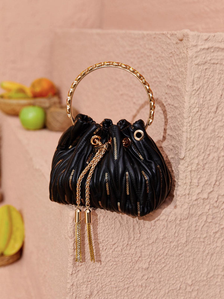 Mattea Leather Sequin Bucket Bag In Black - Mew Mews