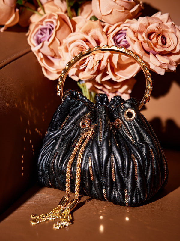 Mattea Leather Sequin Bucket Bag In Black