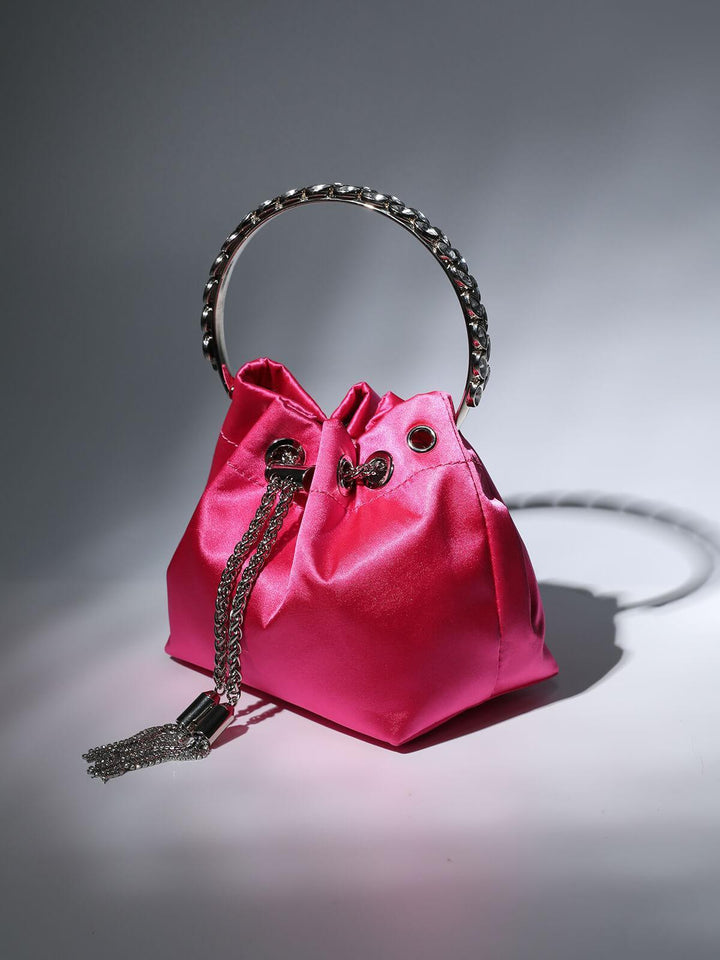 Mattea Satin Crystal Embellished Bucket Bag In Hot Pink - Mew Mews