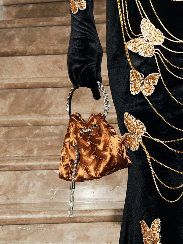 Mattea Velvet Weave Crystal Embellished Bucket Bag In Brown