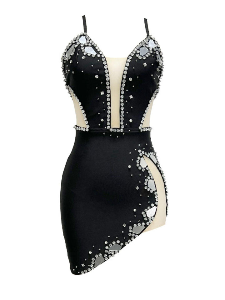 Maxton Embellished Mesh Bandage Dress In Black - Mew Mews