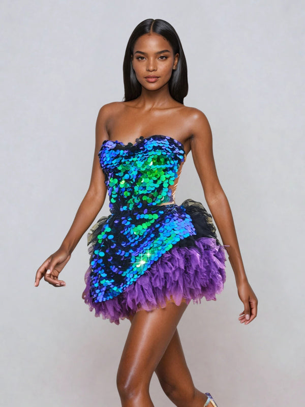 Melina Corset Tulle Trimmed Skirt Set In Purple