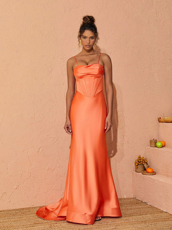 Meris Spaghetti Satin Maxi Dress In Orange - Mew Mews