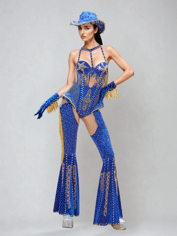 Meyra Halterneck Rhinestone Fringe Bodysuit Set In Blue