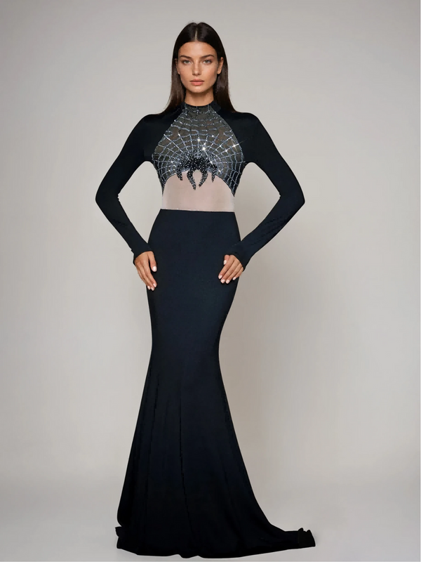 Mikki Long Sleeve Sequin Cobweb Maxi Dress