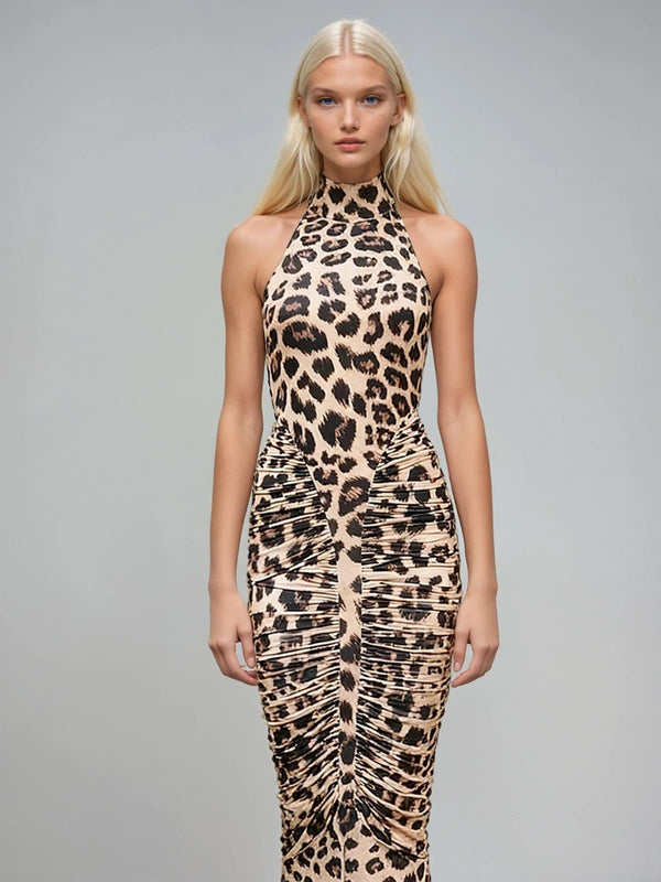 Mixotroph Backless Ruched Leopard Maxi Dress