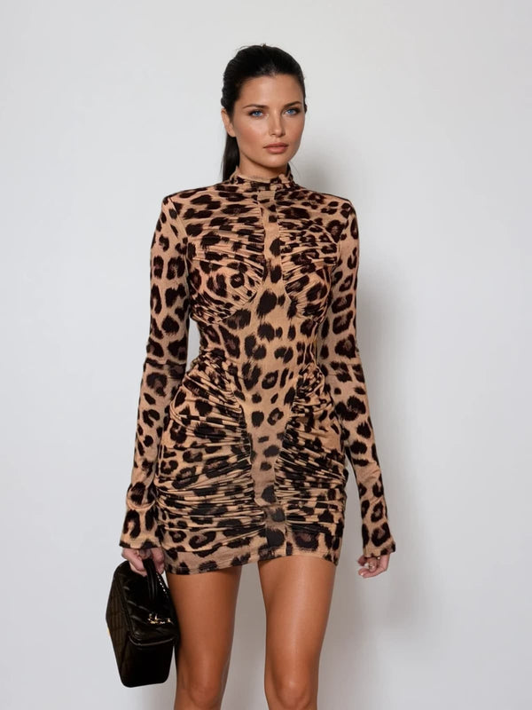 Mixotroph Backless Ruched Leopard Mini Dress