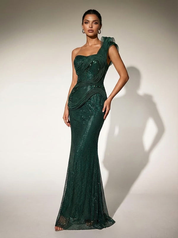 Monopolex One Shoulder Rhinestone Mesh Maxi Dress