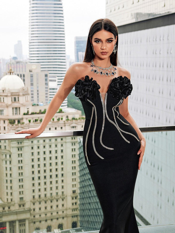 Musa Strapless Crystal Flower Bandage Dress In Black - Mew Mews