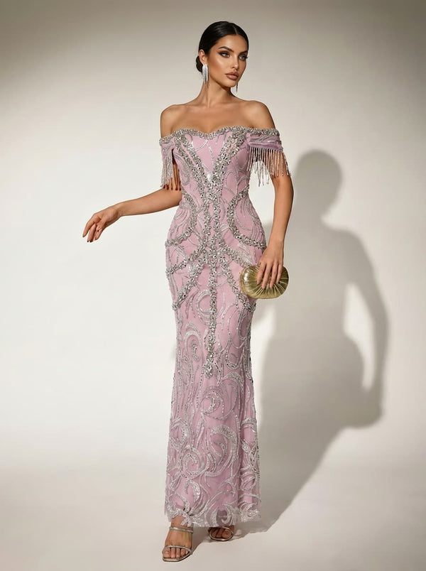 Mylonitor Off Shoulder Fringe Crystal Maxi Dress