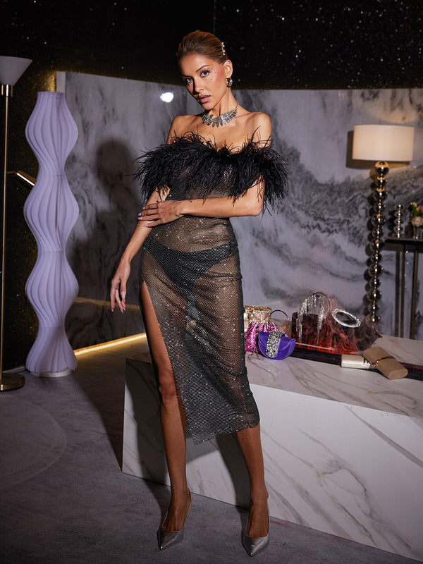 Myriam Feather Diamond Mesh Midi Dress