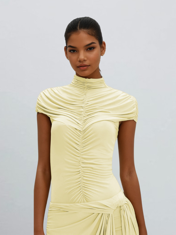 Myrithia High Neck Ruched Draped Mini Dress