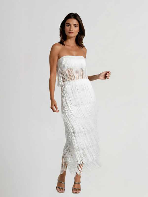 Mystara Strapless Fringe Skirt Set