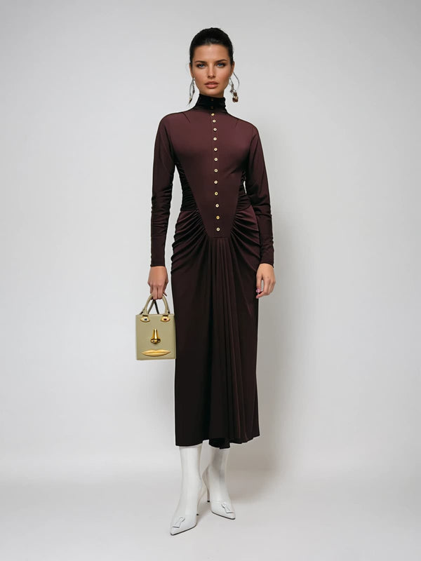 Naeris Stand Collar Ruched Maxi Dress