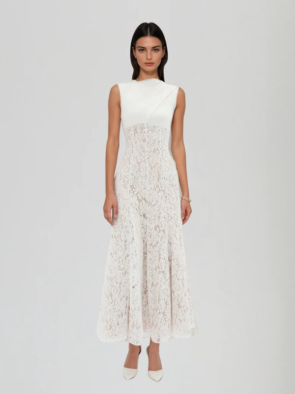 Naerix Sleeveless Lace Draped Maxi Dress