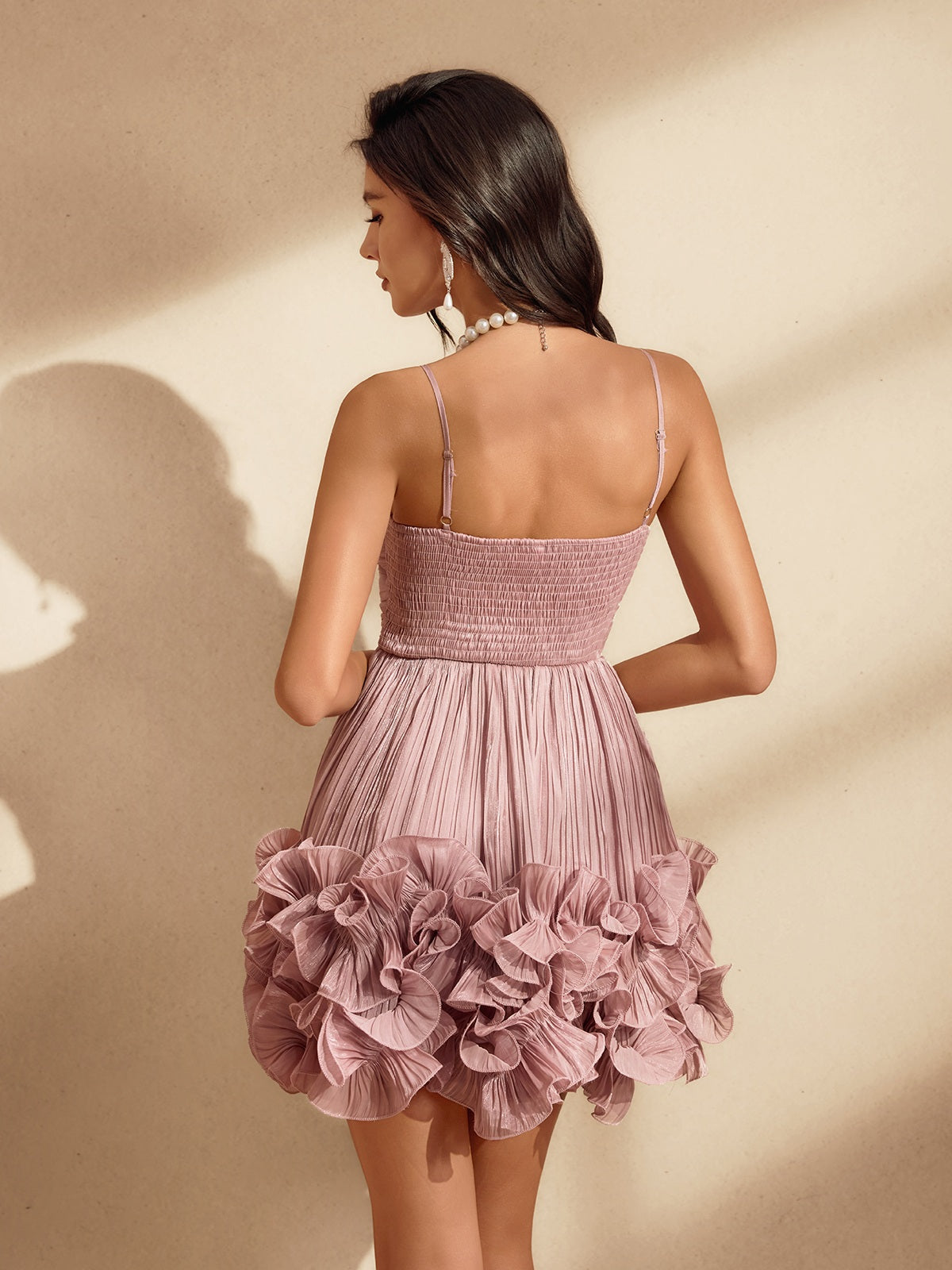 naiya mini dress Mew Mews Naiya Spaghetti Flower Ruffle Mini Dress In Pink