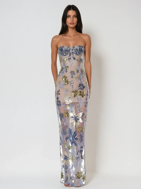 Nakoa Strapless Sequin Embroidered Maxi Dress In Blue