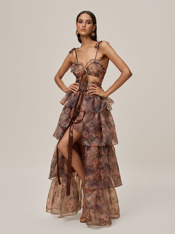 Nalima Floral Printed Skirt Set In Brown