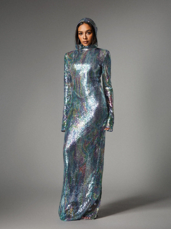 Nebraska Ombre Long Sleeve Hooded Maxi Dress In Light Blue