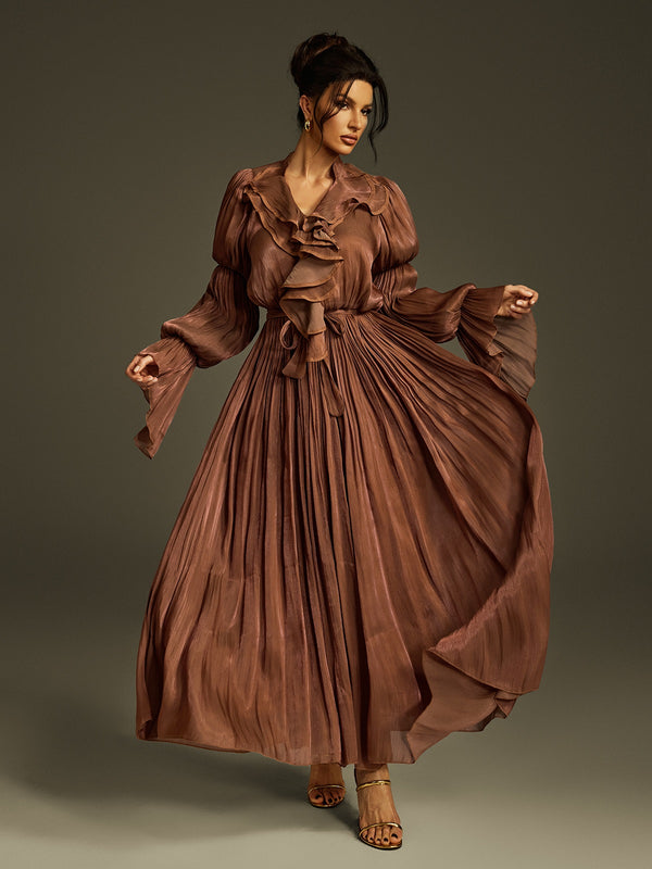 Nereus V Neck Ruffle Maxi Dress In Coffee