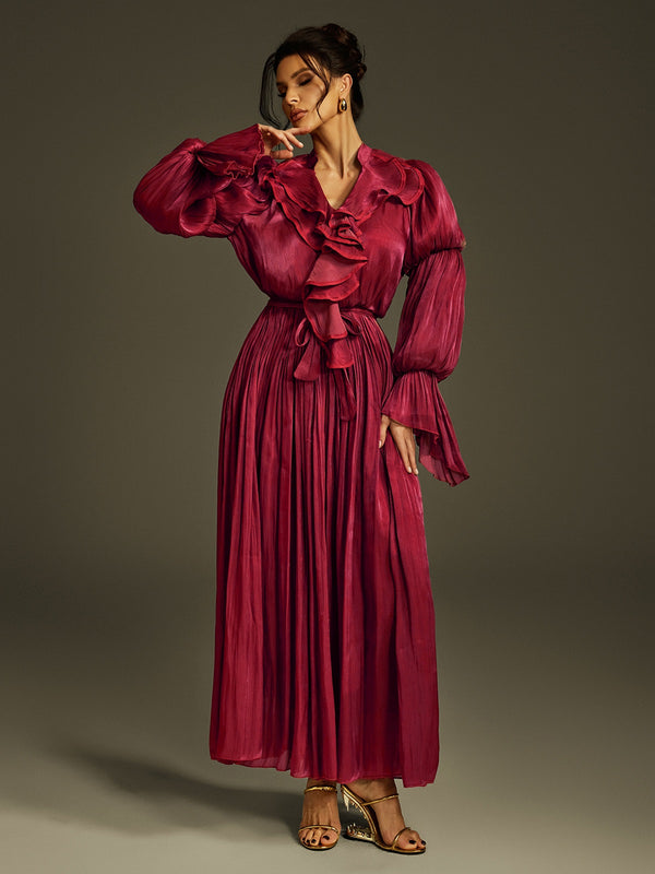 Nereus V Neck Ruffle Maxi Dress In Wine