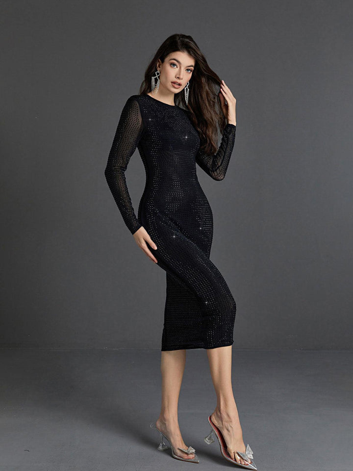 Neriah Crystal Embellished Midi Dress In Black - Mew Mews Fashion