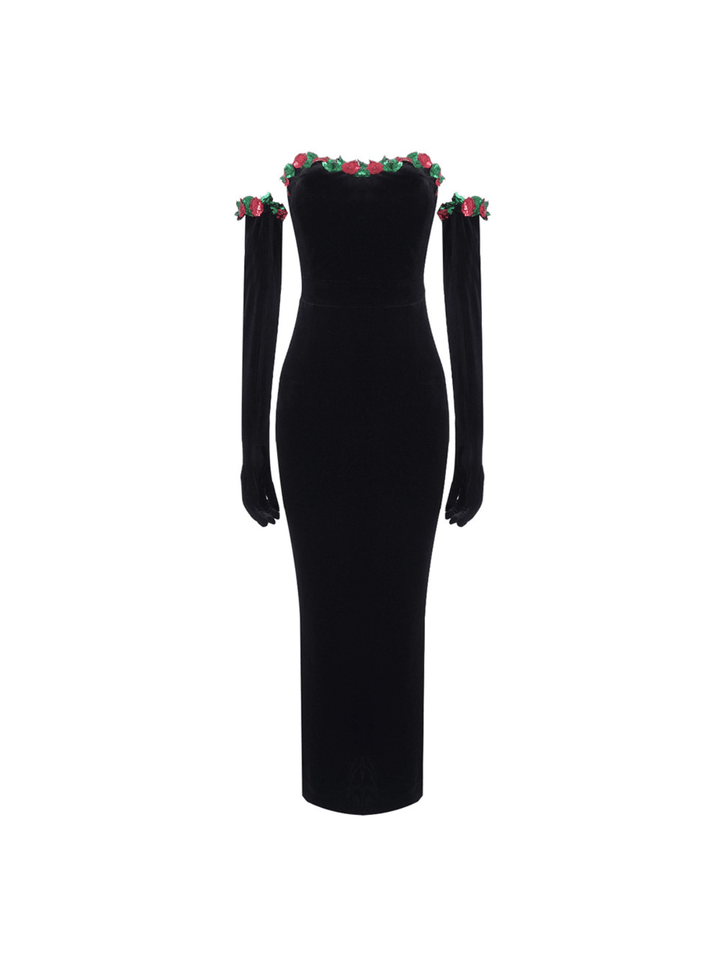 Nilo Flower Sequin Velvet Dress With Gloves - Mew Mews