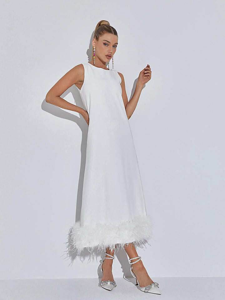 Nisha Feather Midi Dress In White - Mew Mews