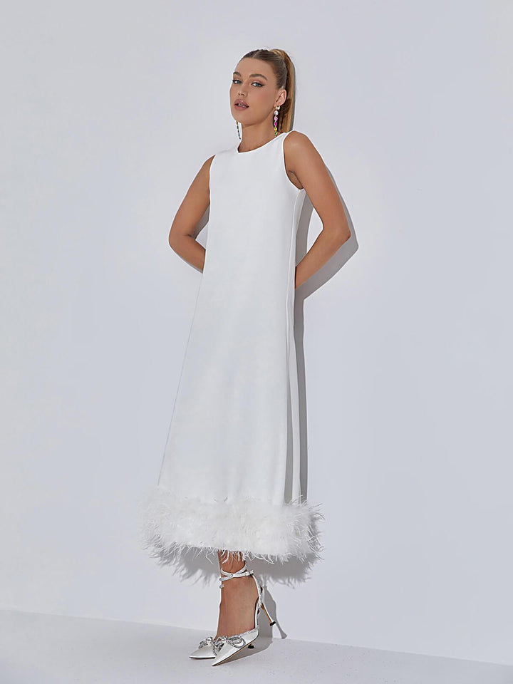 Nisha Feather Midi Dress In White - Mew Mews