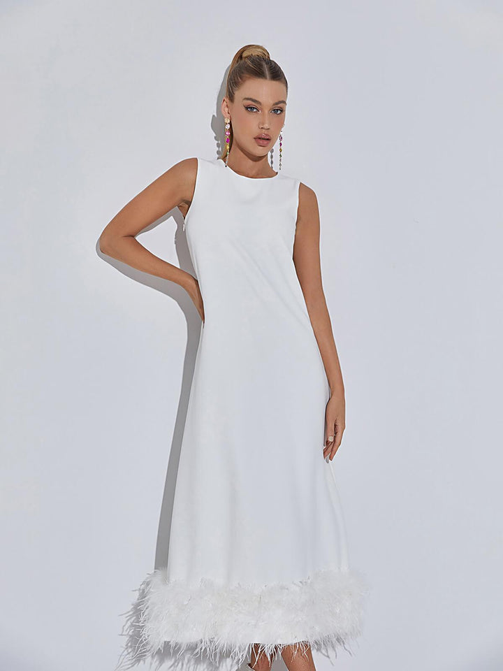 Nisha Feather Midi Dress In White - Mew Mews