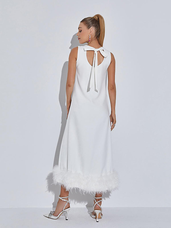 Nisha Feather Midi Dress In White - Mew Mews