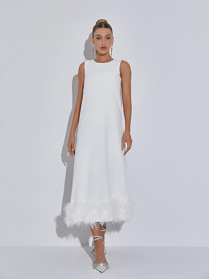 Nisha Feather Midi Dress In White - Mew Mews