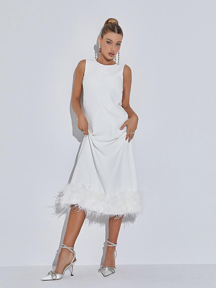 Nisha Feather Midi Dress In White - Mew Mews