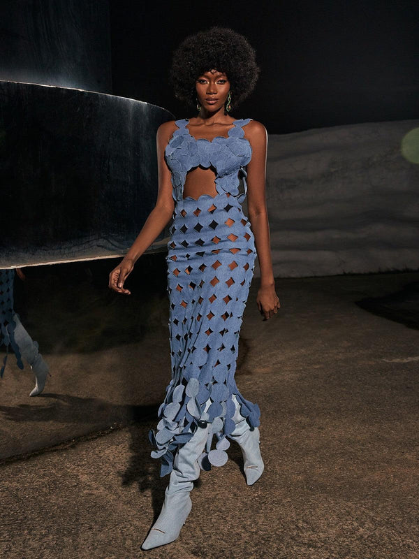 Mew Mews Nyx Circle Cutout Fringe Denim Maxi Dress