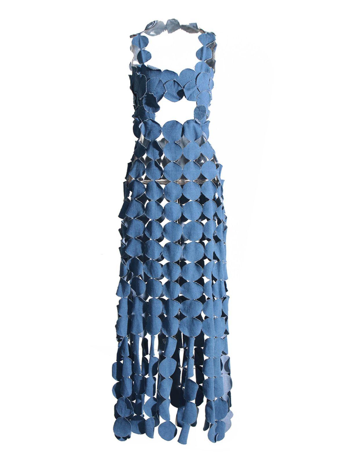 Mew Mews NYX Circle Cutout Fringe Denim Maxi Dress