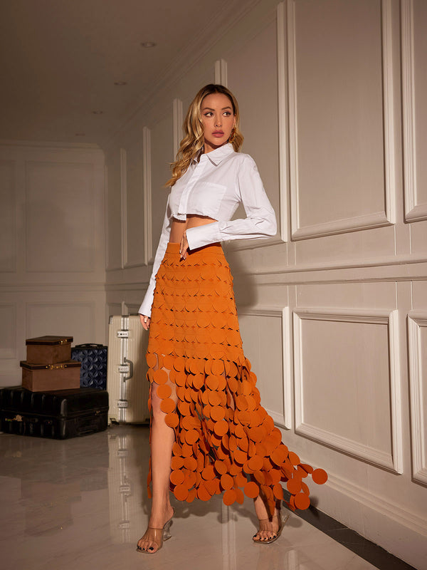 Nyx Circle Cutout Fringe Skirt In Orange