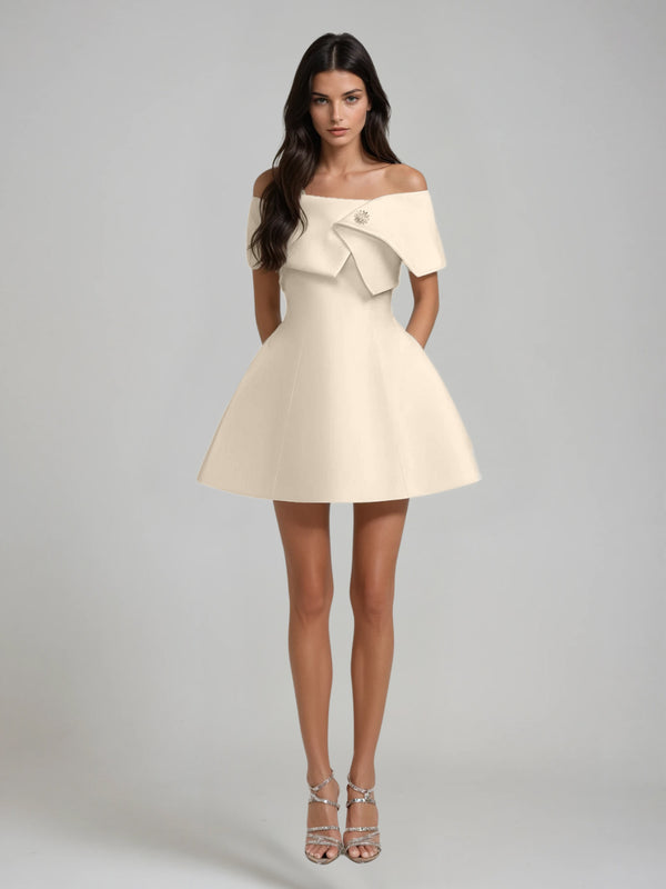 Ofek Off Shoulder Flare Satin Mini Dress