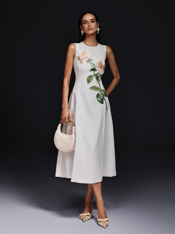 Ogima Sleeveless Flower Embroidered Midi Dress