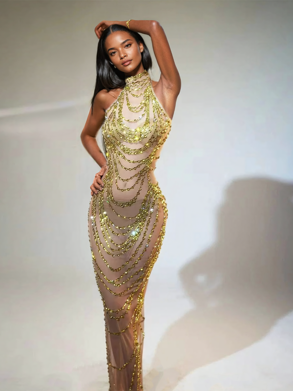 Olisa Halterneck Rhinestone Maxi Dress