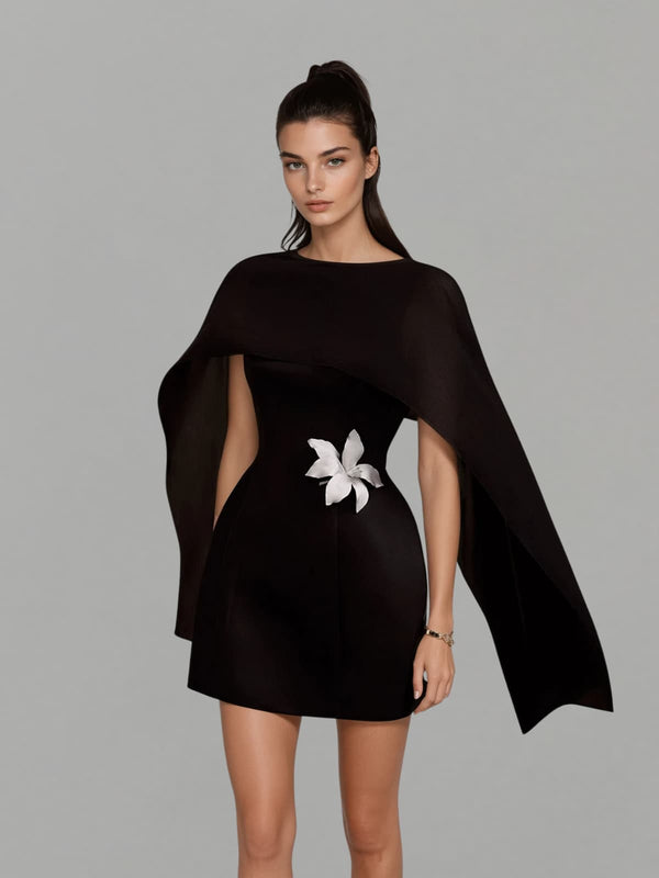 Olyon Shawl Flower Mini Dress In Black