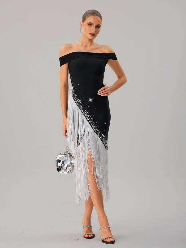 Onatah Off Shoulder Fringe Bandage Midi Dress