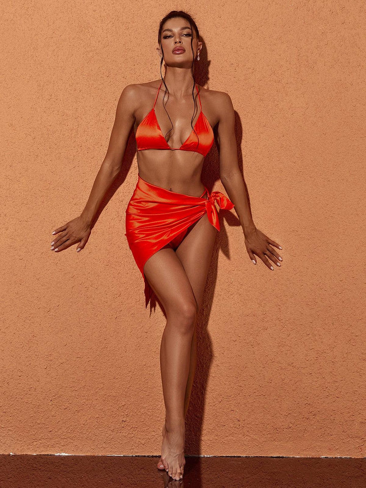 Orelia Satin Bikini Three Piece Set In Orange - Mew Mews