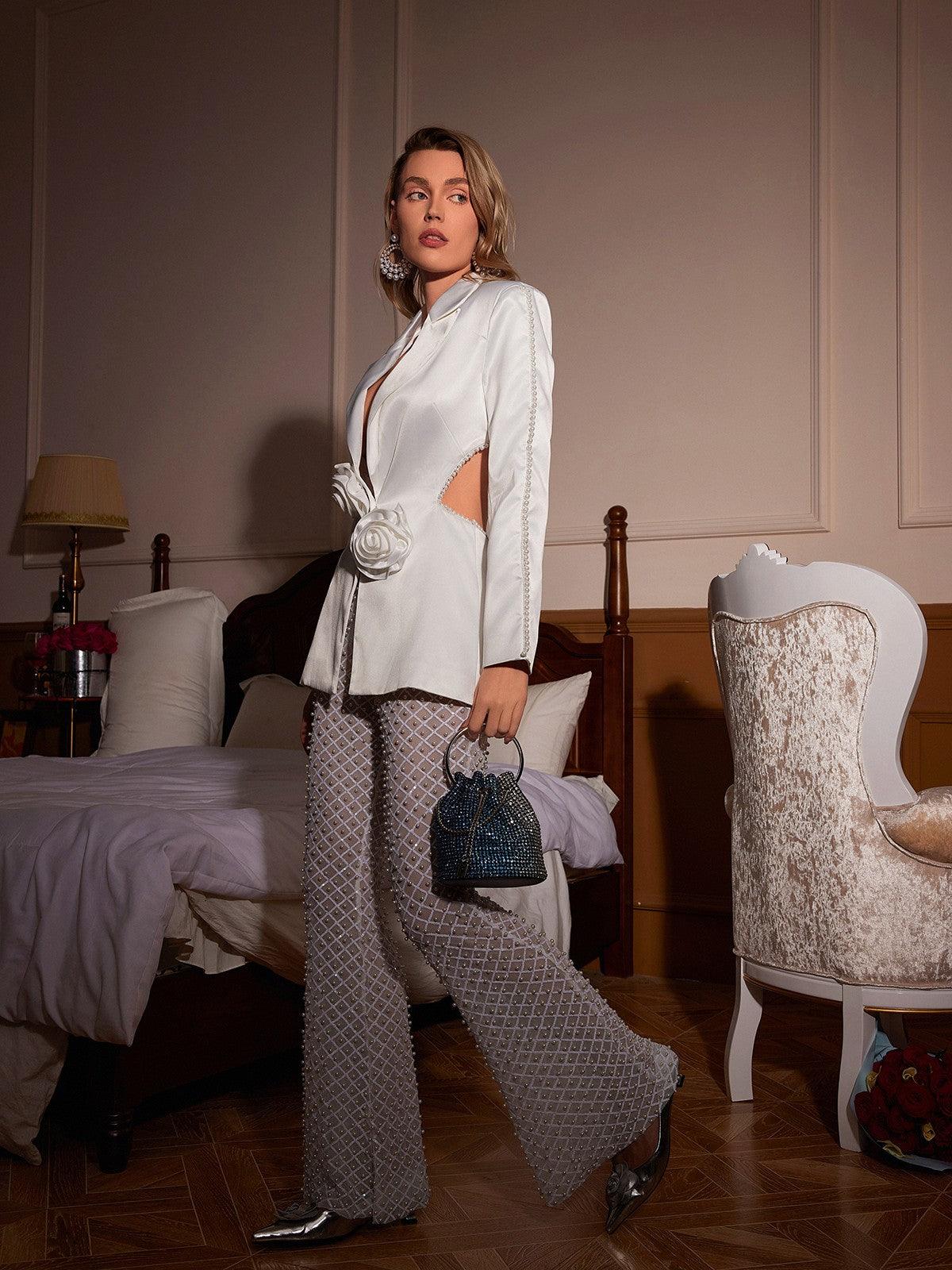 Ossie Pearl Embellished Flower Cutout Blazer Set – Mew Mews