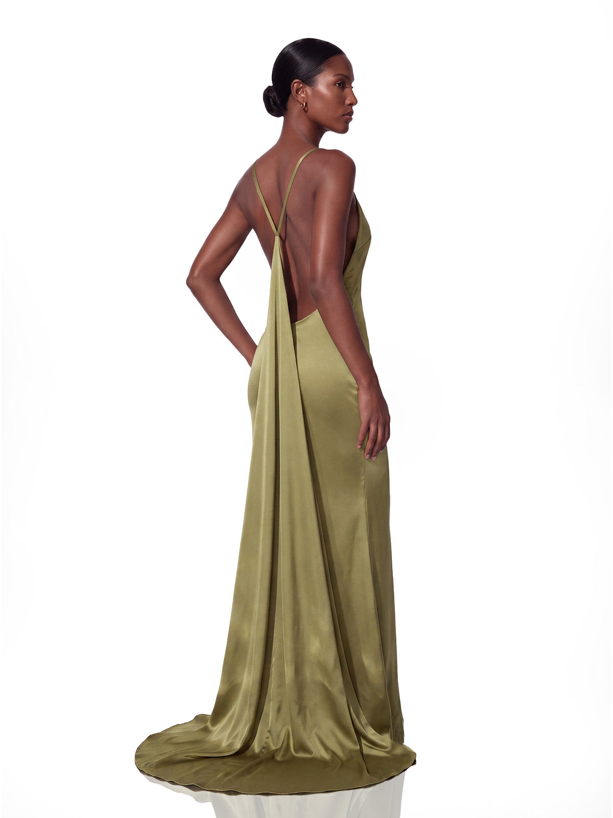 Othune Backless Split Satin Maxi Dress In Olive
